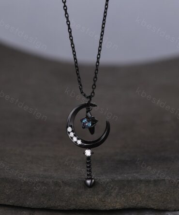 Unique Moon Star Necklace Black Gold Moissanite Necklace Starry Sky Alexandrite Pendant Necklace for Women Art Deco Celestial Promise Gift