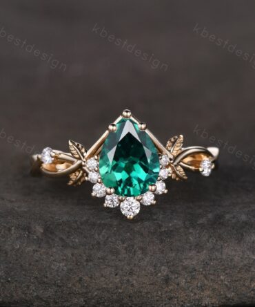 Vintage pear green emerald engagement ring yellow gold twig leaf wedding ring nature inspired ring art deco moissanite bridal promise ring