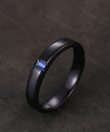 Mens blue sapphire wedding band Baguette cut wedding band black gold ring minimalist stacking band for Men for Women retro vintage ring