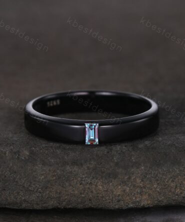 Baguette cut Alexandrite wedding band black gold ring minimalist stacking band for Men for Women retro vintage ring Anniversary gift