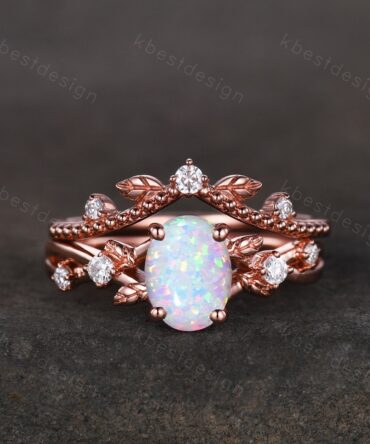 Nature inspired white opal engagement ring set rose gold opal ring unique twig leaf design moissanite ring branch ring vintage bridal ring