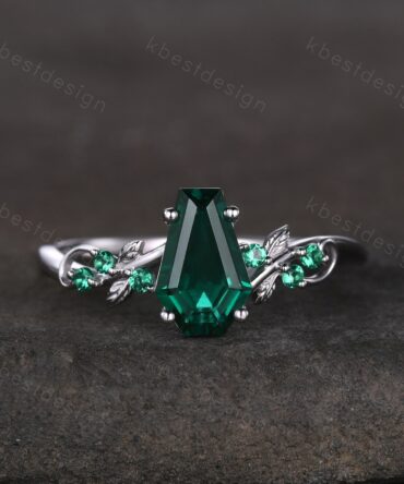Vintage coffin green emerald engagement ring silver twig leaf emerald wedding ring nature inspired ring art deco bridal promise ring