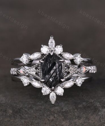 Antique Black Rutilated Quartz Engagement Ring Set Hexagon cut Engagement Ring Unique Art Deco Moissanite Stacking Matching Band Promise Set