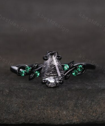 Coffin cut black rutilated quartz engagement ring Black gold ring Art deco leaf design emerald wedding ring nature inspired promise ring