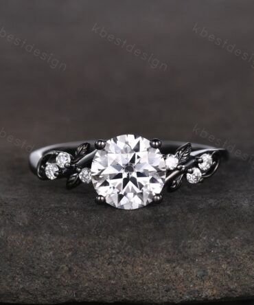 Nature inspired moissanite engagement ring black gold ring for women twig leaf design wedding ring unique art deco bridal anniversary ring