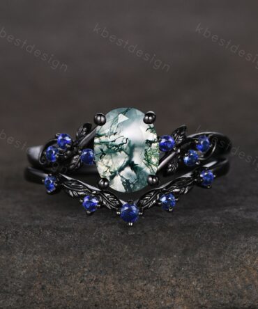 Vintage oval moss agate engagement ring set black gold twig leaf sapphire ring nature branch ring unique art deco bridal wedding ring set