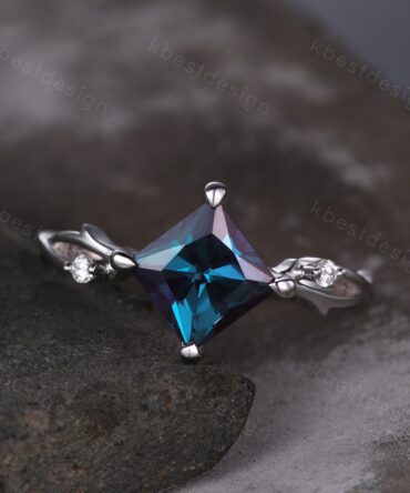 Princess cut alexandrite engagement ring unique twig vine moissanite wedding ring square ring for women June birthstone bridal promise ring