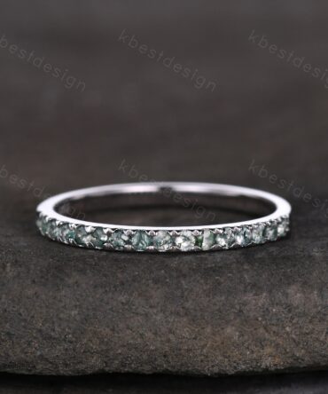 1.5mm moss agate wedding band sterling silver half eternity band green agate stacking matching band gemstone band promise anniversary ring