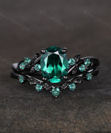 Oval cut green emerald engagement ring set black gold twig leaf emerald ring nature inspired wedding ring art deco bridal promise ring set