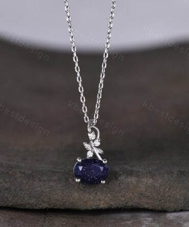 Oval Cut Galaxy Blue Sandstone Necklace Silver Vintage Art Deco Necklace for Women Nature Inspired Moissanite Pendant Anniversary Gift