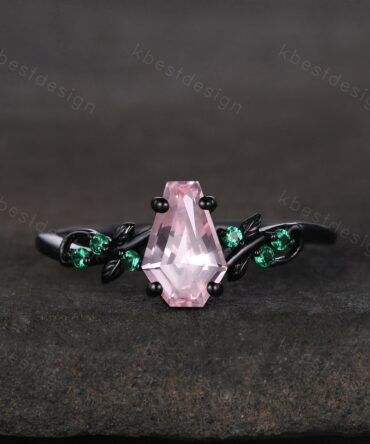 Coffin cut pink sapphire engagement ring Black gold ring Art deco leaf design emerald wedding ring nature inspired ring bridal promise ring