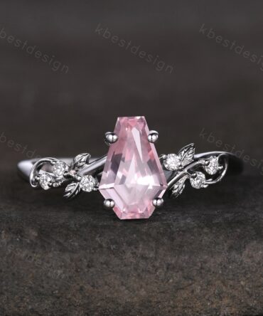 Coffin cut pink sapphire engagement ring silver ring Art deco leaf design moissanite wedding ring nature inspired ring bridal promise ring