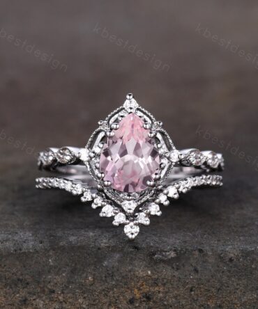 Vintage pink sapphire engagement ring sterling silver ring art deco curve stacking band pear shaped bridal set unique moissanite wedding set