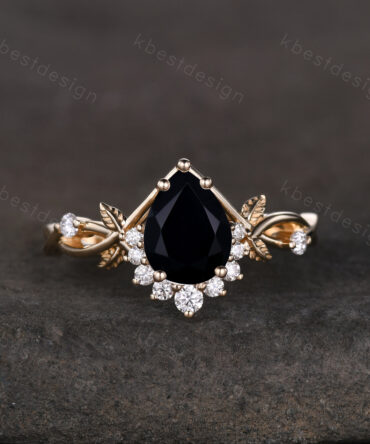 Vintage pear black onyx engagement ring yellow gold twig leaf wedding ring nature branch ring art deco moissanite bridal promise ring