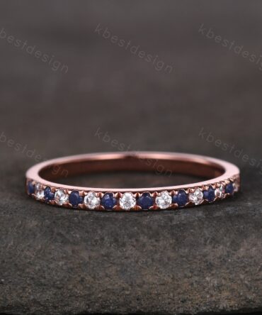 Half eternity wedding band 1.5mm blue sandstone and moissanite ring minimalist rose gold stacking matching band anniversary ring for her