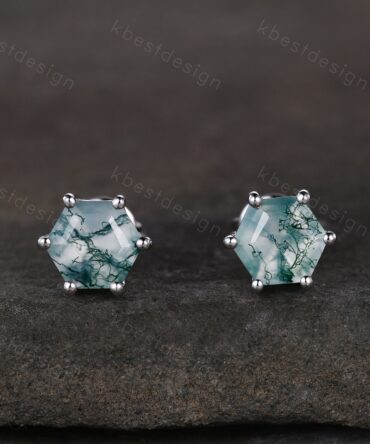 Natural moss agate stud earrings, hexagon cut moss agate earring studs, best friend gift, minimalist, tiny studs, anniversary gift for her