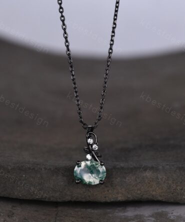 Vintage oval moss agate necklace art deco black gold green agate pendant necklace nature inspired necklace for women anniversary gift