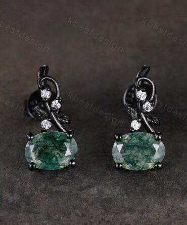 Oval cut moss agate earrings women black gold earring studs nature inspired earrings art deco green agate studs birthday/anniversary gift