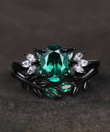 Vintage oval emerald engagement ring set black gold cluster emerald wedding ring branch leaf ring unique art deco bridal wedding ring set