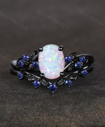 Vintage oval opal engagement ring set black gold rings unique opal blue sapphire wedding ring art deco branch leaf ring promise ring set