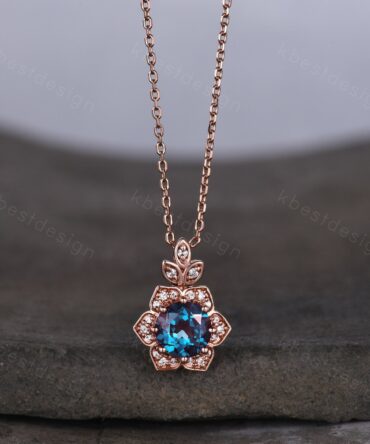 Vintage round Alexandrite necklace antique moissanite halo pendant necklace rose gold color changing stone ring June Birthstone gift for her