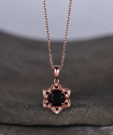 Vintage round black onyx necklace antique floral halo pendant necklace rose gold black gemstone necklace anniversary necklace gift for her