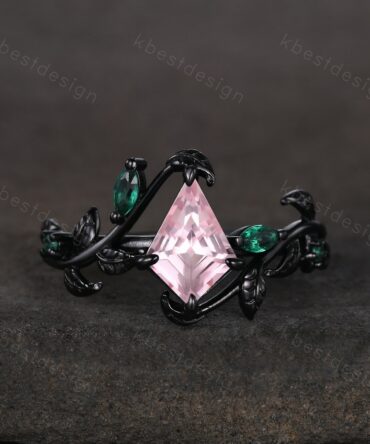 Nature inspired pink sapphire engagement ring unique black gold twig leaf ring art deco emerald wedding ring branch ring bridal promise ring
