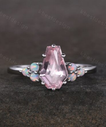 Coffin cut pink sapphire engagement ring silver ring for women Unique art deco opal cluster wedding ring bridal promise ring pink gemstone