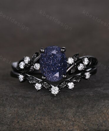 Vintage oval blue sandstone engagement ring set black gold twig leaf moissanite ring nature branch ring unique bridal wedding ring set