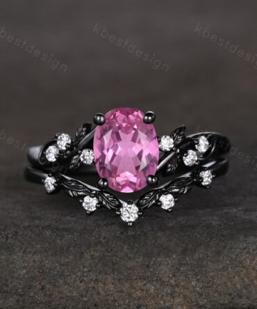 Vintage oval Padparadscha sappphire engagement ring set black gold twig leaf moissanite ring black pink ring unique bridal wedding ring set