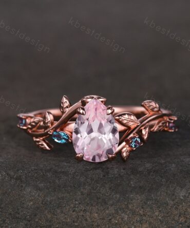 Vintage pink sapphire engagement ring rose gold leaf design alexandrite wedding ring art deco nature branch ring unique bridal promise ring