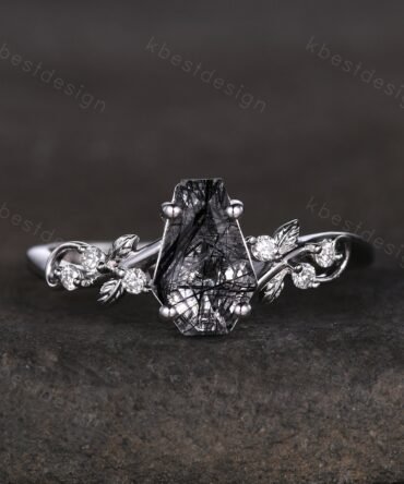 Coffin cut black rutilated quartz engagement ring sterling silver ring Art deco leaf design moissanite Bridal ring Unique twist ring