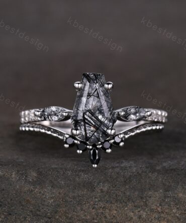 Coffin shaped black rutilated quartz engagement ring set 14k whit gold ring unique art deco black spinel wedding ring bridal promise ring