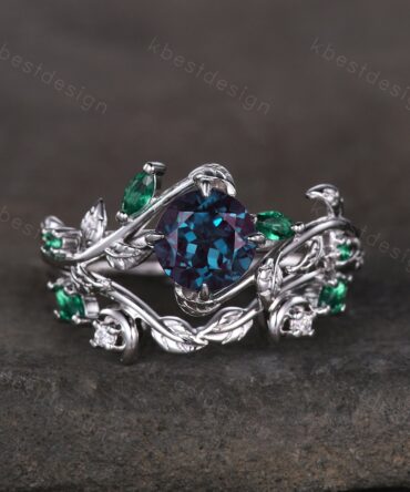 Vintage round cut alexandrite engagement ring silver art deco cluster leaf emerald wedding ring set nature inspired bridal promise ring