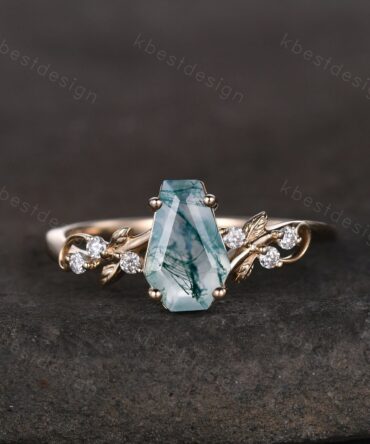Coffin cut moss agate engagement ring 14k solid gold ring Art deco leaf design moissanite ring unique natural agate ring bridal promise ring