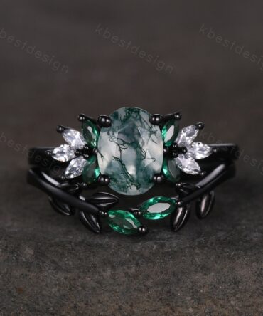 Vintage oval moss agate engagement ring set black gold cluster moissanite ring emerald stacking band unique art deco bridal wedding ring set