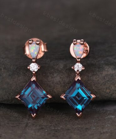 Vintage Alexandrite stud earrings, rhombus cut alexandrite opal earring studs, best friend gift, dangle studs, anniversary gift for her