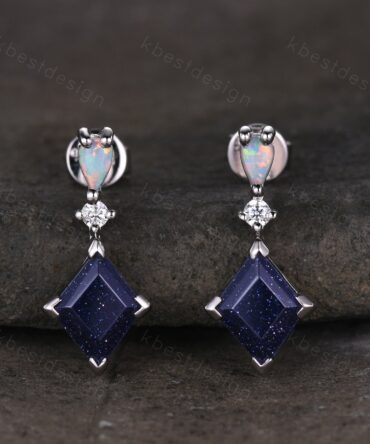 Rhombus cut blue sandstone earring studs, silver opal & galaxy sandstone earrings, best friend gift, dangle studs, anniversary gift for her