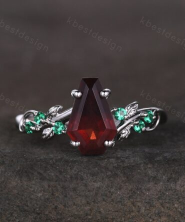 Coffin cut garnet engagement ring Vintage silver ring Art deco leaf design emerald wedding ring nature inspired ring bridal promise ring