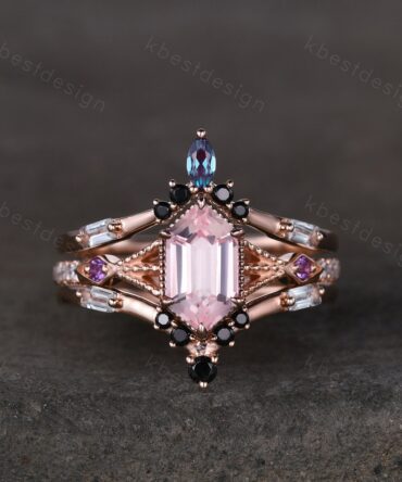 Antique Pink Sapphire Engagement Ring Set Women Hexagon cut Ring Unique Art Deco Aquamarine Stacking Matching Band Bridal Promise Set