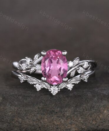 Vintage oval Padparadscha sappphire engagement ring set silver twig leaf wedding ring unique moissanite bridal wedding ring set pink stone