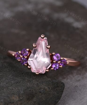 Coffin cut pink sapphire engagement ring 14k white gold Unique art deco amethyst cluster wedding ring bridal promise ring pink gemstone ring
