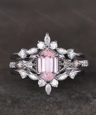 Antique Pink Sapphire Engagement Ring Set Hexagon cut Engagement Ring Unique Art Deco Moissanite Stacking Matching Band Bridal Promise Set