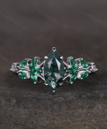 Vintage Marquise Moss Agate Engagement Ring Unique Art Deco Leaf Emerald Cluster Ring Women Green Agate Branch Ring Bridal Promise Ring