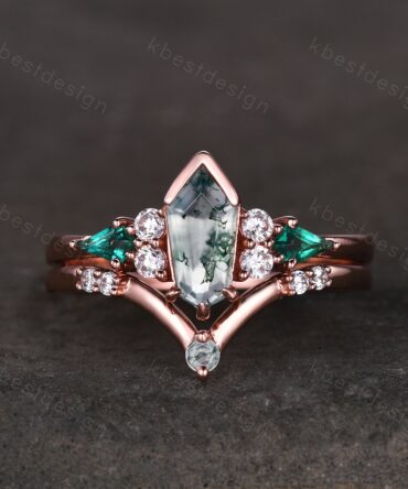 Vintage coffin moss agate engagement ring set rose gold kite cut emerald cluster ring women unique art deco bridal wedding ring set