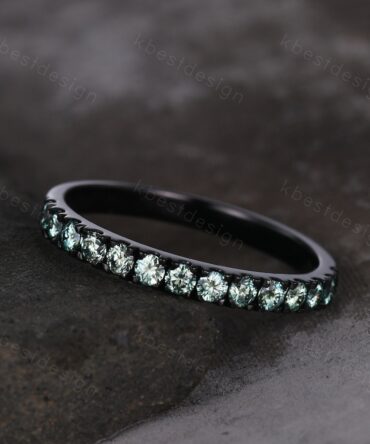 2mm Green Moissanite Wedding Band Black Gold Half Eternity Stacking Band Dainty Moissanite Ring Women Matching Band Promise Anniversary Ring