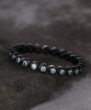 Eternity Green Moissanite Wedding Band Black Gold 2mm Moissanite Stacking Band Unique Women Matching Band Promise Anniversary Ring Bezel set