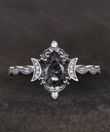 Vintage black rutilated quartz engagement ring 14k white gold ring unique moon style ring for women art deco moissanite bridal promise ring
