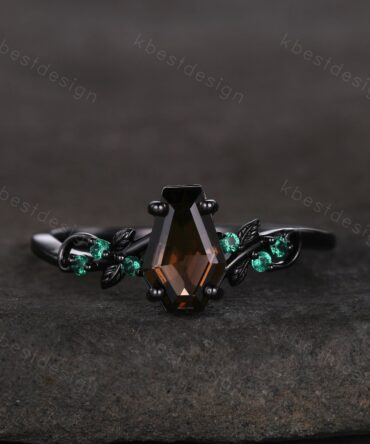 Coffin cut smoky quartz engagement ring Black gold ring Art deco leaf design emerald wedding ring nature inspired ring bridal promise ring