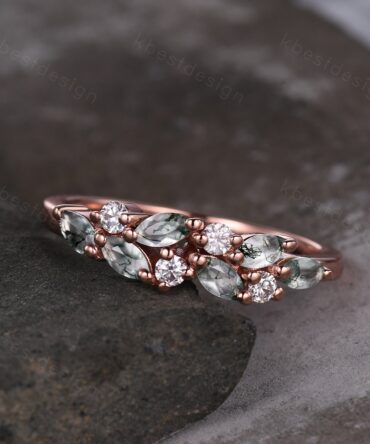 Moss agate cluster wedding band Unique marquise cut moss agate wedding band Vintage Moissanite ring Rose gold ring Anniversary gift for her